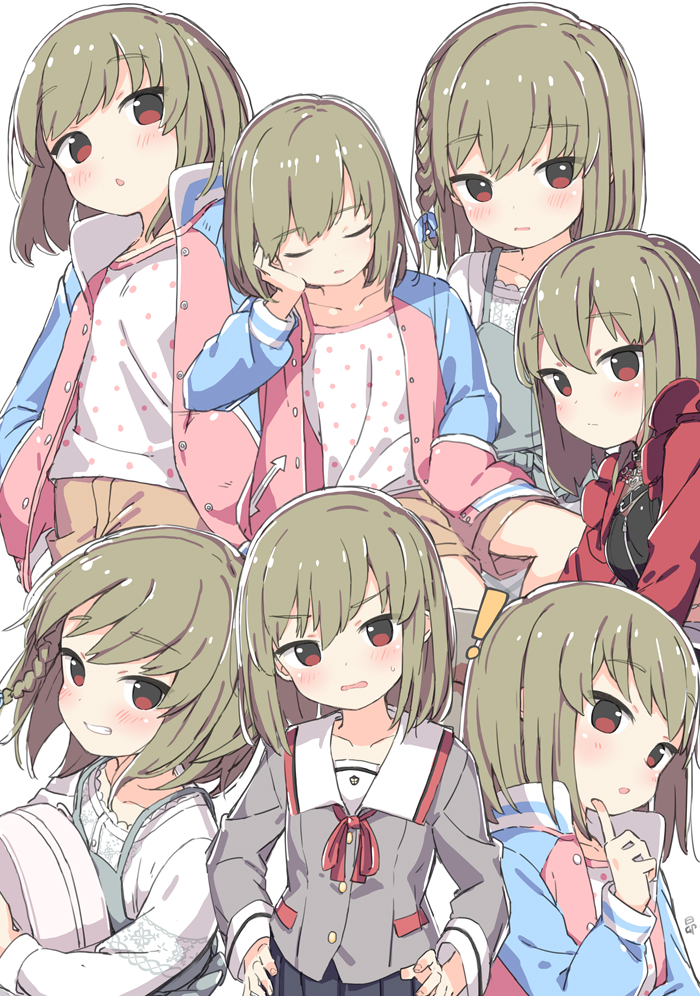 ! 1girl black_shirt black_skirt blush braid brown_shorts camisole character_name chestnut_mouth closed_eyes closed_mouth collarbone cowboy_shot dot_nose double-parted_bangs dress flat_chest green_hair grey_serafuku grin hand_in_pocket hugging_object idolmaster idolmaster_million_live! idolmaster_million_live!_theater_days jacket junior_high_schoolmate_(idolmaster) kuresuku_(lessons) letterman_jacket long_sleeves looking_at_viewer medium_hair multiple_views nagayoshi_subaru neck_ribbon official_alternate_costume official_alternate_hairstyle parted_lips pinafore_dress pleated_skirt polka_dot_camisole red_eyes red_jacket red_ribbon ribbon sailor_collar school_uniform serafuku shirt shorts sidelocks simple_background single_braid skirt sleeveless sleeveless_dress smile straight_hair sweat upper_body v-shaped_eyebrows wavy_mouth white_background white_camisole white_sailor_collar