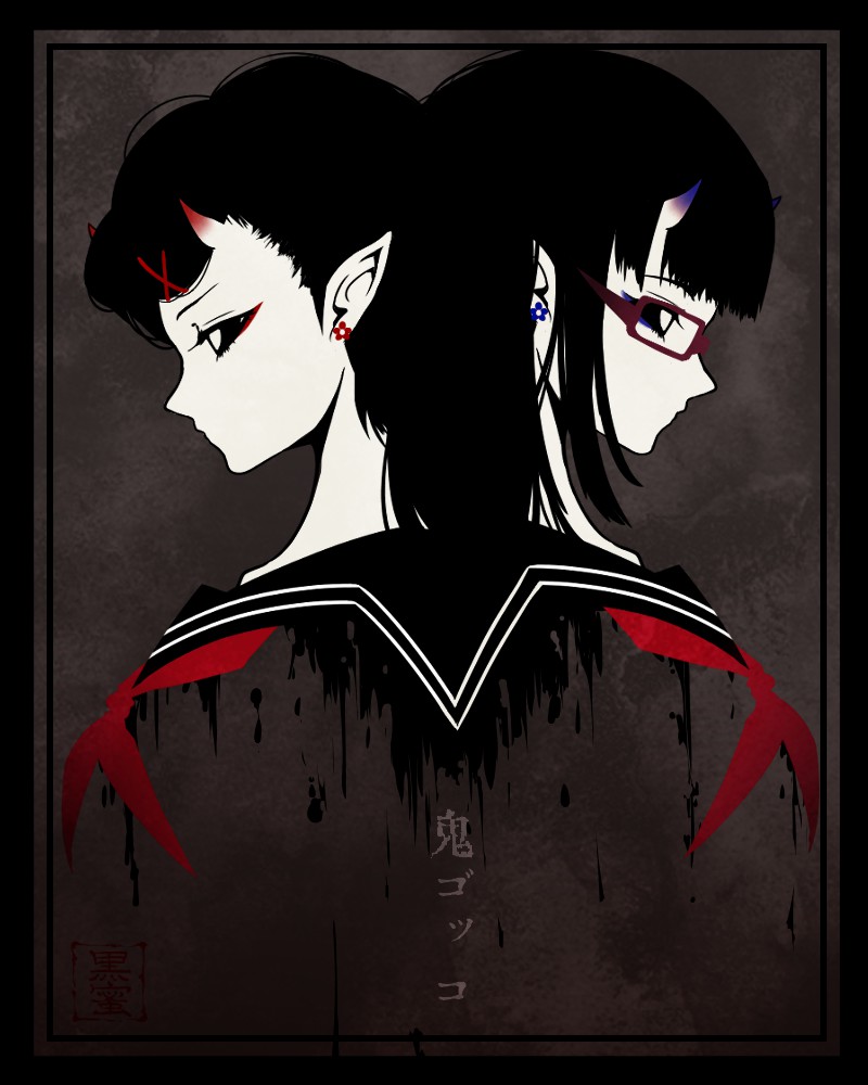 2girls back-to-back black_border blue_eyeshadow border classicaloid closed_mouth earrings eyeshadow flower_earrings grey_background hair_ornament horns jewelry kuroxmitsu_kinako makeup multiple_girls neckerchief otowa_kanae partially_colored pointy_ears red-framed_eyewear red_neckerchief sailor_collar tekla_badarzewska-baranowska_(classicaloid) translation_request x_hair_ornament
