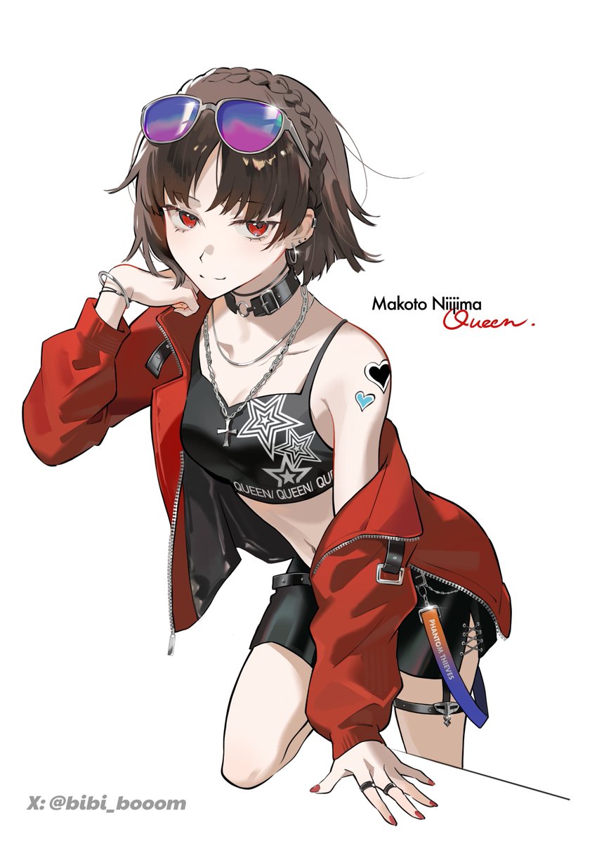 1girl alternate_costume bibi_booom brown_hair character_name cross cross_necklace english_text eyewear_on_head highres jewelry nail_polish necklace niijima_makoto persona persona_5 red_eyes sentai_red_ga_isekai_de_boukensha_ni_naru simple_background solo sunglasses twitter_username white_background