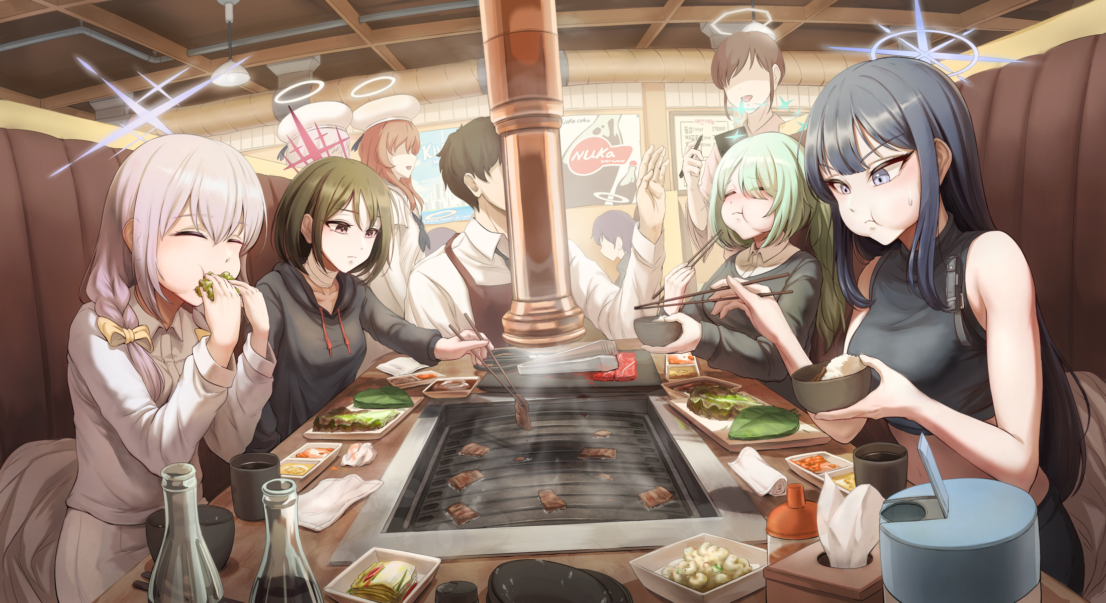 arius_squad_(blue_archive) atsuko_(blue_archive) bandaged_neck bandages black_hair blue_archive blue_eyes blue_hair bottle bowl braid chopsticks closed_eyes diner eating faceless faceless_female green_hair halo highres hiyori_(blue_archive) holding holding_chopsticks hood hoodie midriff misaki_(blue_archive) panzaa purple_hair red_eyes rice_bowl saori_(blue_archive) trinity_student_(blue_archive) twin_braids yakiniku