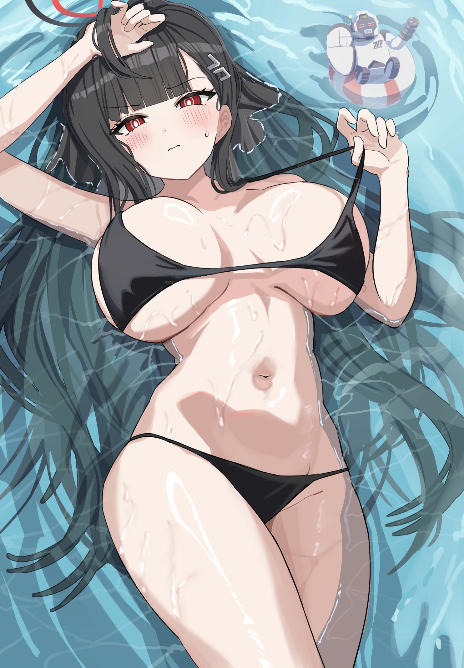 1girl adjusting_hair alternate_costume avant_garde_(blue_archive) bikini bikini_top_pull black_bikini black_hair black_halo blue_archive blush breasts breasts_apart commentary_request ginichu1003 hair_spread_out halo hand_in_own_hair highres huge_breasts long_hair lying navel pulling_own_clothes red_eyes rio_(blue_archive) sideboob sketch solo stomach strap_pull sweatdrop swimsuit underboob v-shaped_eyebrows very_long_hair water