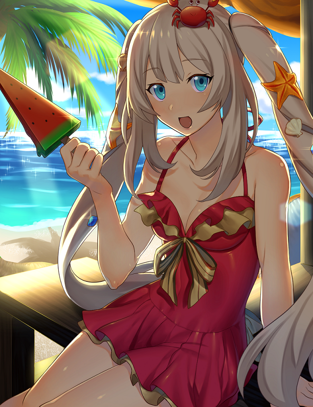 1girl :d bad_id bad_pixiv_id blue_eyes blue_sky breasts cleavage collarbone day dress dress_swimsuit fate/grand_order fate_(series) female_focus food fruit hair_ornament holding holding_food long_hair marie_antoinette_(fate) marie_antoinette_(swimsuit_caster)_(first_ascension)_(fate) medium_breasts ocean one-piece_swimsuit open_mouth outdoors palm_tree red_dress red_one-piece_swimsuit short_dress silver_hair sitting sky sleeveless sleeveless_dress smile solo swimsuit tree twintails very_long_hair watermelon