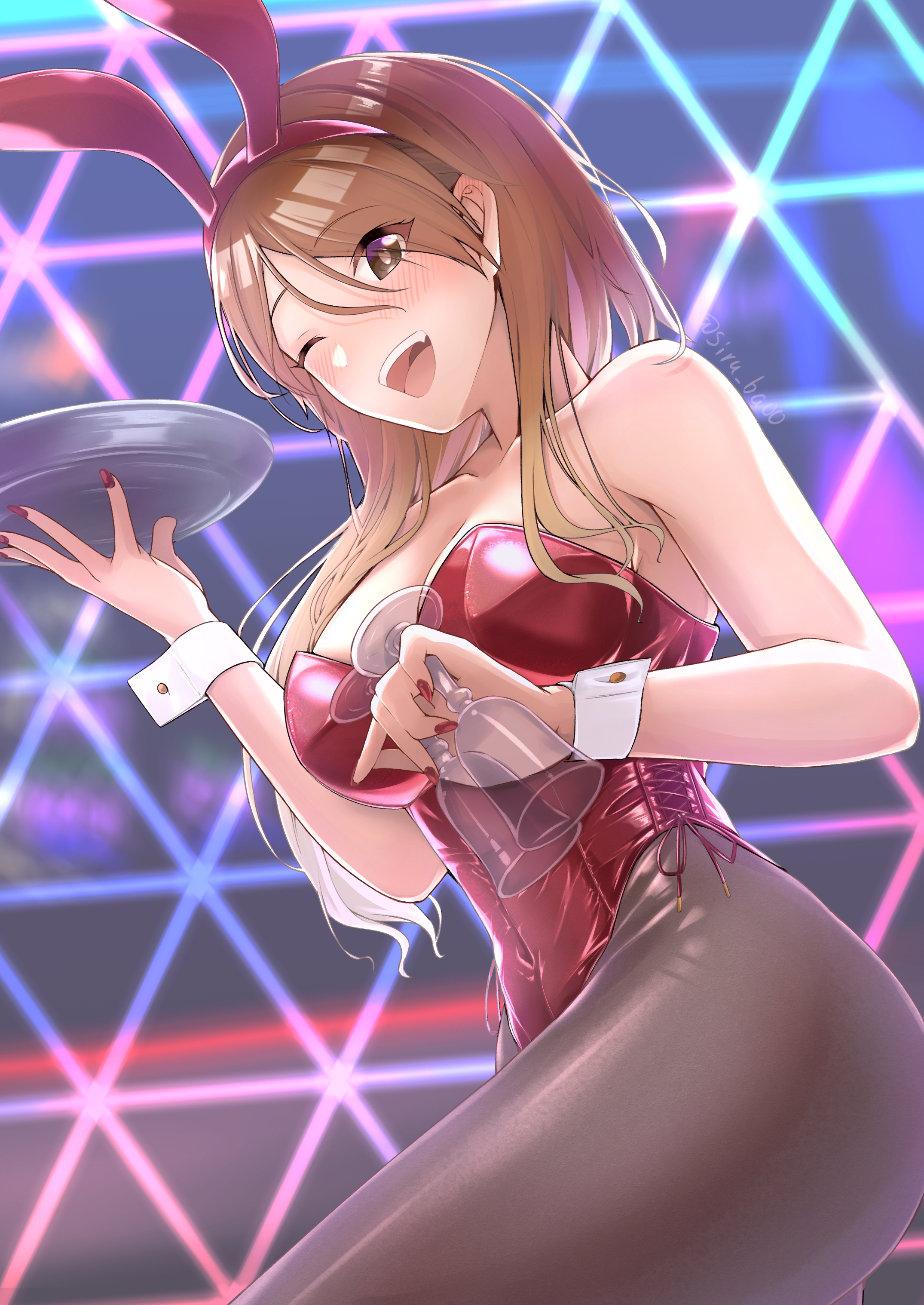 1girl ;d absurdres animal_ears bare_shoulders black_pantyhose blush breasts brown_hair collarbone cup dark-skinned_female dark_skin drinking_glass fingernails highres holding holding_tray idolmaster idolmaster_shiny_colors izumi_mei kagin_(kagou_shita_nanika) leotard long_hair looking_at_viewer medium_breasts nail_polish one_eye_closed open_mouth pantyhose playboy_bunny rabbit_ears red_leotard smile solo straight_hair tray very_long_hair wrist_cuffs