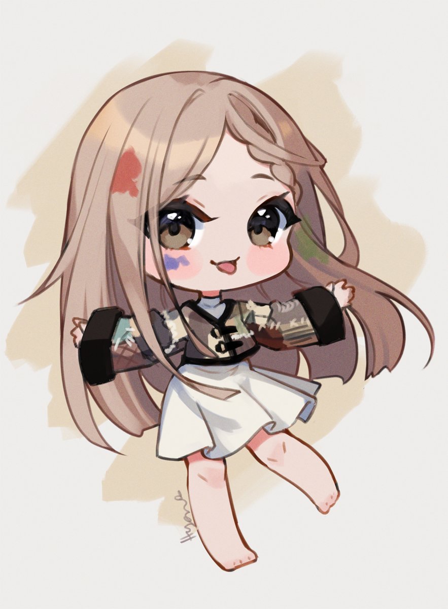 1girl bare_legs barefoot black_sleeve_cuffs blunt_ends braid brown_background brown_eyes brown_hair chibi commentary dress english_commentary eyelashes eyes_visible_through_hair grey_background happy highres hyanna-natsu jacket knees light_blush long_hair long_sleeves medium_dress multicolored_jacket open_mouth original outstretched_arms paint_in_hair paint_splatter paint_splatter_on_face patchwork_clothes pleated_skirt second-party_source signature single_braid skirt sleeves_past_wrists smile solo straight_hair sweater_jacket toes turtleneck turtleneck_dress two-tone_background very_long_hair white_dress