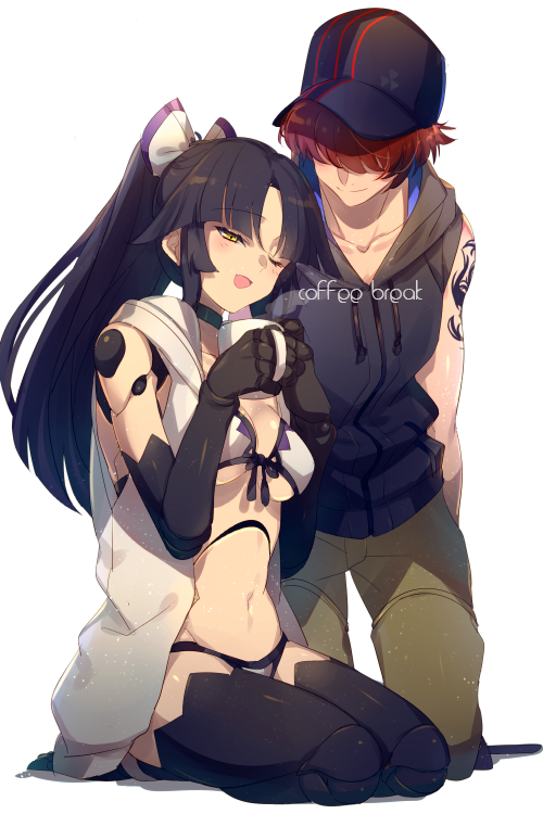 1boy 1girl android bare_shoulders baseball_cap black_hair black_hat black_vest bow breasts choker cleavage cup echo_(circa) fate/grand_order fate_(series) fuuma_kotarou_(fate) fuuma_kotarou_(shinobi_attire_for_summer_enjoyment)_(fate) green_pants hair_bow hair_over_eyes hat hood hooded_vest hoodie joints katou_danzou_(fate) katou_danzou_(midsummer_memories)_(fate) kneeling large_breasts long_hair navel one_eye_closed open_mouth pants parted_bangs ponytail red_hair robot_joints seiza short_hair sidelocks sitting smile thighs vest white_vest yellow_eyes