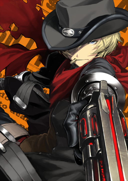 1boy belt billy_the_kid_(fate) black_gloves black_hat black_jacket black_pants blonde_hair blue_eyes bracer buckle bullet buttons closed_mouth cowboy_hat cowboy_shot fate/grand_order fate_(series) gloves gun hair_between_eyes hand_up hat holding holding_gun holding_weapon jacket long_sleeves looking_at_viewer male_focus mouth_hold official_art one_eye_covered open_clothes open_jacket orange_background outstretched_arms pants red_belt red_scarf scarf shima_udon short_hair solo standing thigh_belt thigh_strap third-party_source torn_clothes torn_scarf unbuttoned variant_set weapon weapon_request