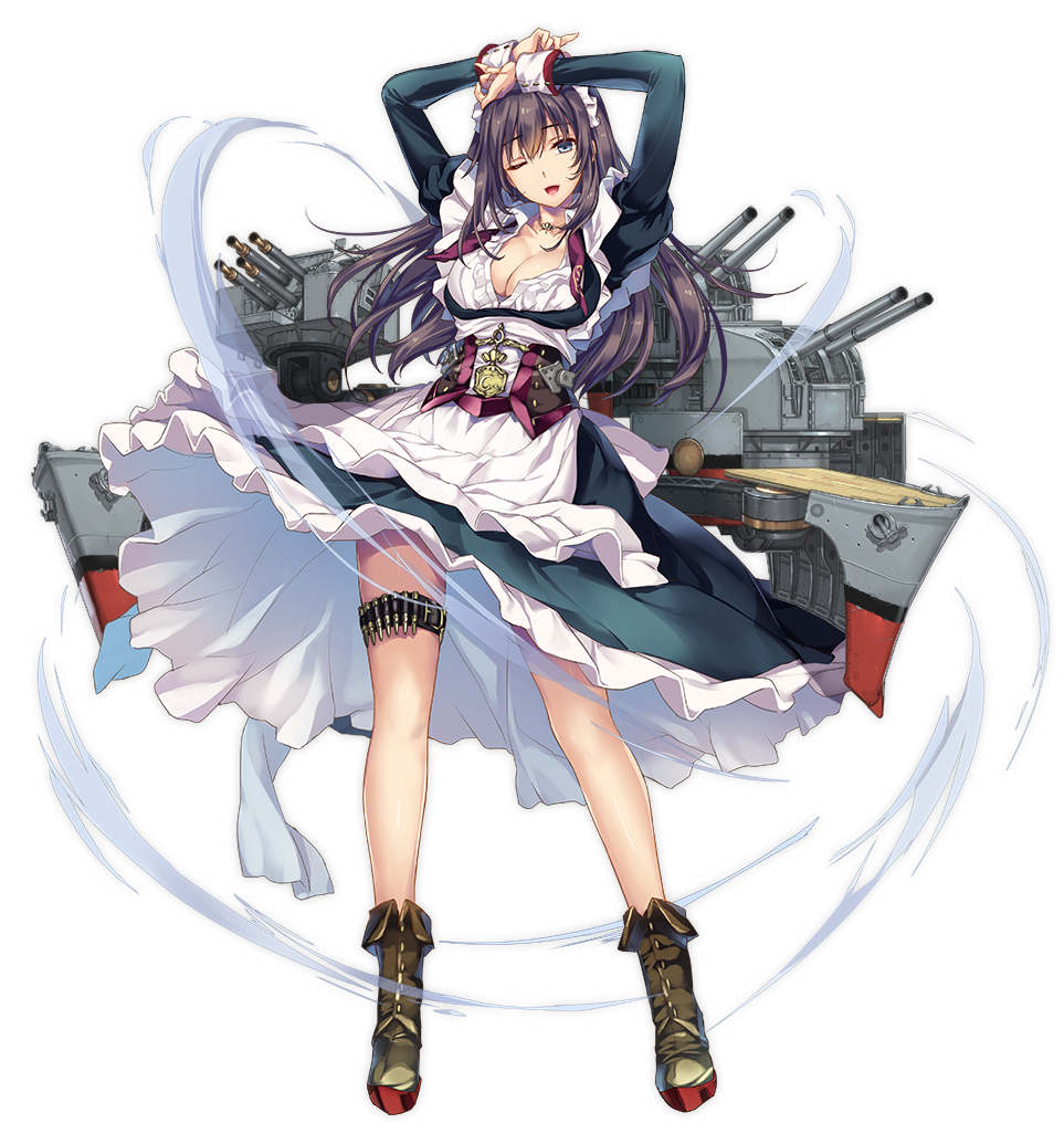 1girl ;d ammunition_belt apron arms_up azur_lane bandolier belt blue_eyes blush boots breasts brown_boots cannon cleavage curacoa_(azur_lane) curacoa_(retrofit)_(azur_lane) dress female_focus frills full_body jewelry juliet_sleeves large_breasts long_hair long_sleeves maid maid_headdress monety necklace official_art one_eye_closed open_mouth partially_unbuttoned puffy_sleeves purple_hair remodel_(azur_lane) rigging rudder_footwear ship_turret sidelocks smile solo thigh_strap transparent_background watermark wind wind_lift