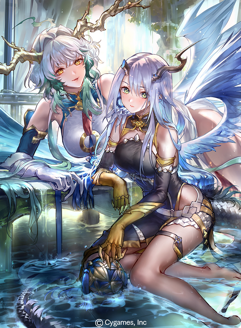 2girls arm_support black_dress breasts broken_horn china_dress chinese_clothes commentary_request company_name day dragon_girl dragon_horns dragon_tail dragon_wings dress dual_persona green_eyes hair_intakes horns indoors large_breasts leaning_on_object liiko long_hair looking_at_viewer mizuchi_(shadowverse) multiple_girls official_art shadowverse shadowverse_evolve si_long_(shadowverse) smile tail time_paradox water white_dress white_hair wings yellow_eyes