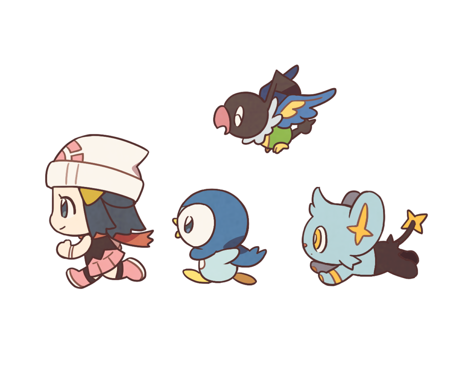1girl bird black_shirt black_socks blue_eyes blue_hair boots bracelet chatot chibi dawn_(pokemon) full_body gen_4_pokemon hair_ornament hairclip hat jewelry nintendo pink_boots pink_shirt piplup pokemon pokemon_(creature) pokemon_bdsp red_scarf running scarf shinx shirt sleeveless sleeveless_shirt smile socks ssalbulre yellow_eyes