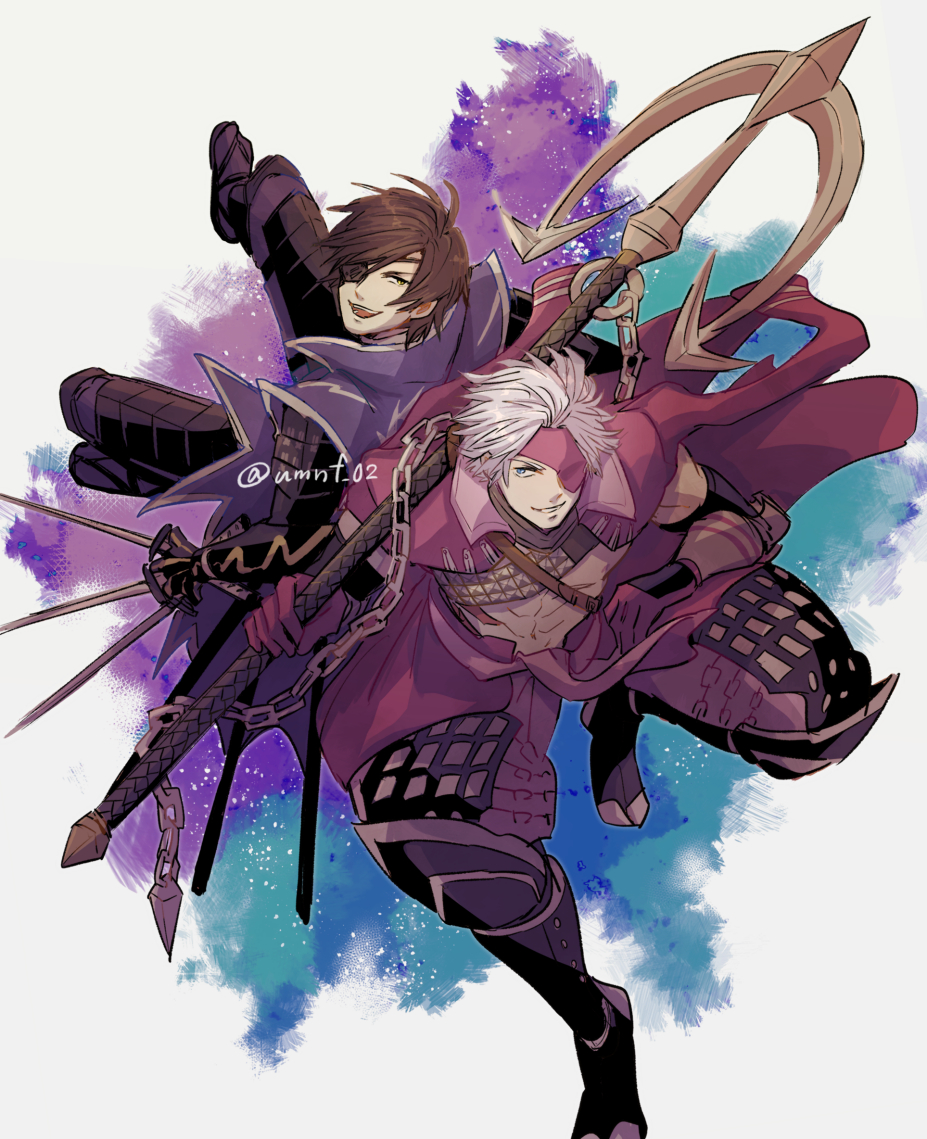 2boys :d blue_eyes brown_hair chousokabe_motochika_(sengoku_basara) date_masamune_(sengoku_basara) eyepatch grin jacket jacket_on_shoulders male_focus multiple_boys no_headwear no_shirt open_mouth pants purple_jacket purple_pants sengoku_basara short_hair smile umi_no_fuji white_hair yellow_eyes