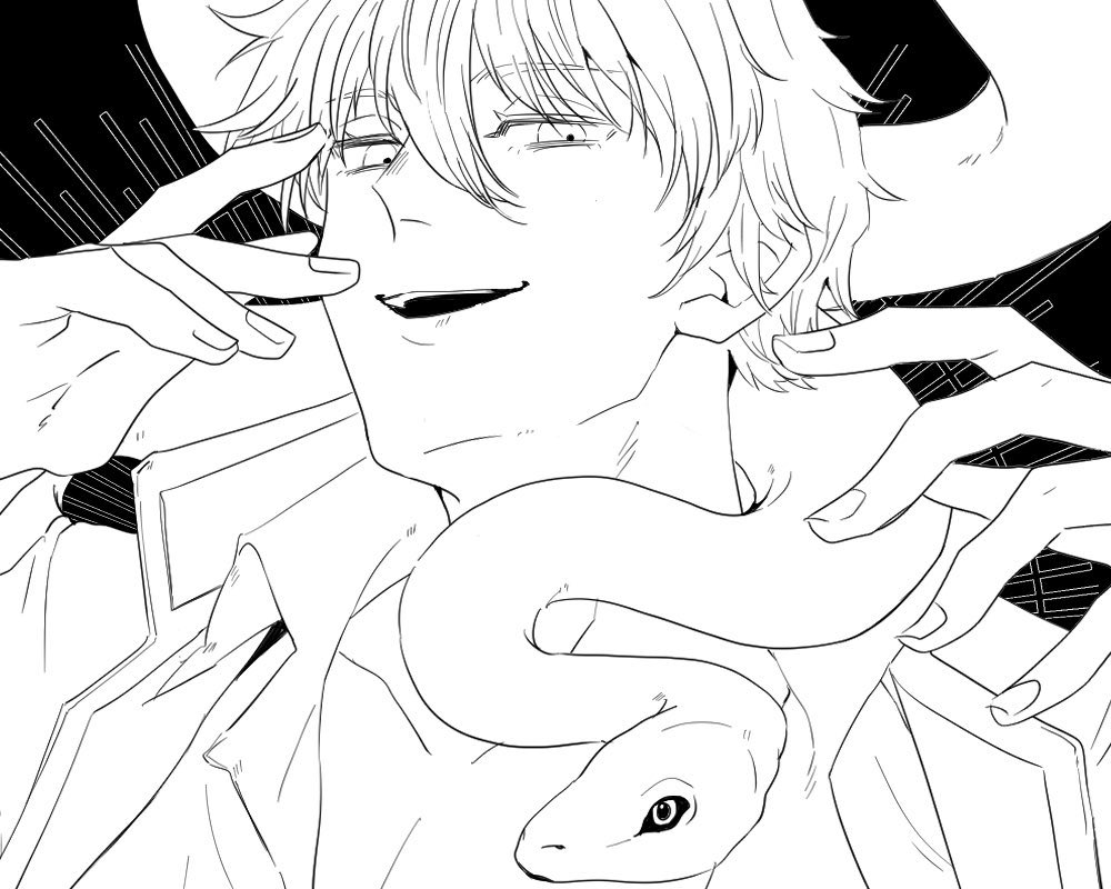 1boy black_background collared_shirt gakuran greyscale hair_between_eyes looking_at_viewer male_focus monochrome open_mouth protagonist_4_(housamo) school_uniform shirt short_hair sketch smile snake solo tass_commuovere tokyo_houkago_summoners upper_body