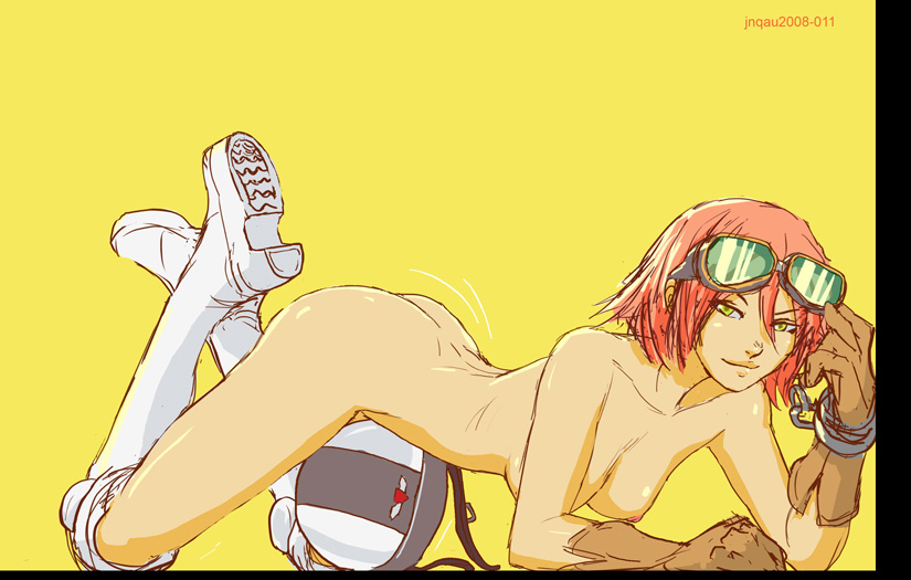 1girl ass boots flcl goggles goggles_on_head haruhara_haruko nude short_hair solo yellow_background