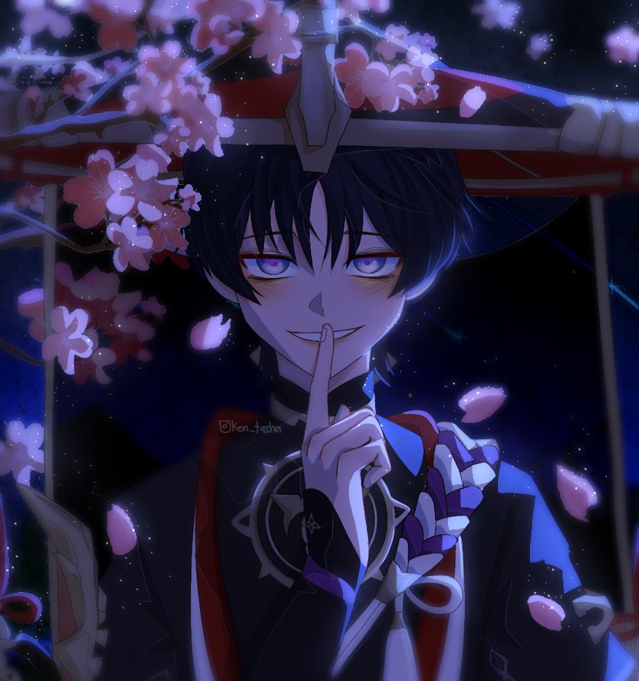 1boy armor bags_under_eyes black_bodysuit black_hair black_kimono black_sleeves black_veil blunt_ends bodysuit cherry_blossoms falling_petals finger_to_mouth fingernails genshin_impact gold han&#039;eri hat index_finger_raised instagram_username japanese_armor japanese_clothes jewelry jingasa kimono kote kurokote layered_kimono looking_at_viewer male_focus mandarin_collar moriko_ken11 neck_ring night night_sky open_clothes open_kimono open_mouth petals pink_petals purple_eyes purple_rope red_hat red_kimono rope scaramouche_(genshin_impact) see-through_clothes see-through_veil shimenawa shooting_star short_sleeves sidelighting sky smile solo star_(sky) starry_sky straight-on tsurime upper_body veil white_kimono white_mouth white_rope