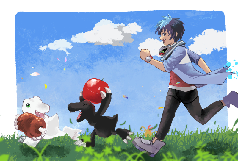 1boy agumon_(black) apple black_hair black_pants blue_hair blue_sky boned_meat border clenched_hand digimon digimon_world_-next_0rder- food fruit goggles goggles_around_neck grass meat multicolored_hair outdoors pants red_shirt running shiki_(digimon_world_-next_0rder-) shirt shivi short_hair sky two-tone_hair white_border yukiagumon