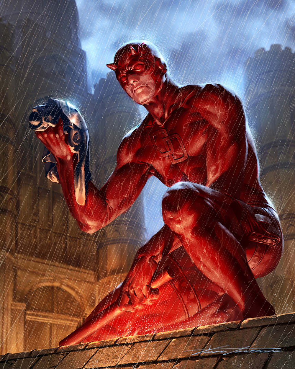 1boy baton_(weapon) bodysuit building bullseye_(marvel) closed_mouth cloud cloudy_sky commentary daredevil demon_horns english_commentary fake_horns highres holding holding_baton holding_mask holster horns junggeun_yoon male_focus marvel mask muscular muscular_male night on_one_knee outdoors rain red_bodysuit red_eyes red_horns signature skin_tight sky solo superhero_costume thigh_holster tight_clothes unworn_mask weapon
