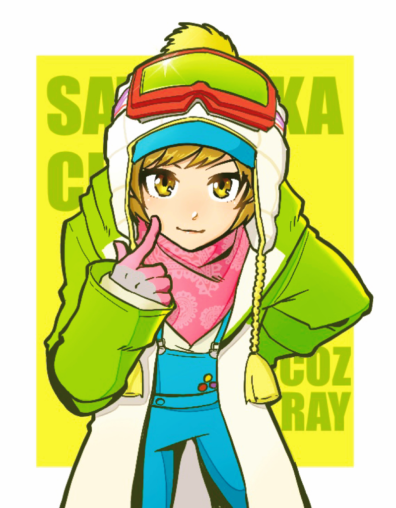 1girl artist_name bandana beanie bent_over blue_overalls bob_cut brown_hair buttons character_name coat cozray finger_to_face gloves goggles goggles_on_headwear green_coat hat light_brown_hair lips looking_at_viewer overalls paisley persona persona_4 pink_bandana pom_pom_(clothes) pom_pom_beanie print_bandana satonaka_chie ski_goggles solo winter_clothes yellow_eyes