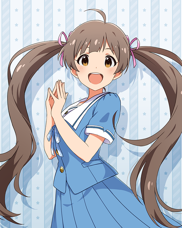 1girl ahoge aqua_background aqua_ribbon aqua_shirt aqua_skirt blush brown_eyes brown_hair card_(medium) cowboy_shot drop_shadow hair_ribbon hakozaki_serika idolmaster idolmaster_million_live! idolmaster_million_live!_theater_days long_hair looking_at_viewer official_art open_mouth pleated_skirt ribbon sailor_collar shirt skirt smile solo star_(symbol) summer_junior_highschool_(idolmaster) summer_uniform_series_(idolmaster) teeth twintails upper_teeth_only very_long_hair white_sailor_collar