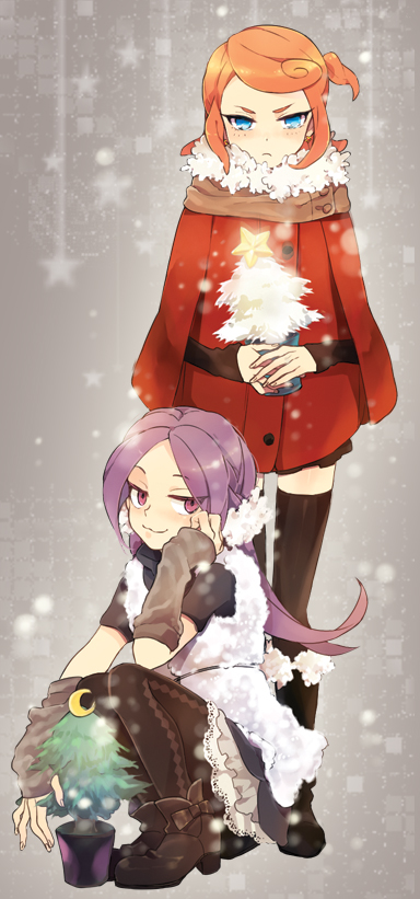 2girls bad_id bad_pixiv_id blue_eyes christmas_tree hasuike_an inazuma_eleven inazuma_eleven_(series) long_hair multiple_girls nana0813 orange_hair pantyhose purple_eyes purple_hair short_hair thighhighs touchi_ai