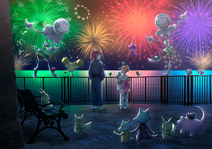 1boy 1girl alolan_form alolan_marowak alternate_costume alternate_hairstyle banned_artist blacephalon commentary_request cubone dulse_(pokemon) fireworks fletchling forgotten_artist gen_1_pokemon gen_3_pokemon gen_6_pokemon gen_7_pokemon japanese_clothes kimono legendary_pokemon nintendo on_head orange_hair oricorio oricorio_(pom-pom) pikachu pink_ribbon poipole pokemon pokemon_(creature) pokemon_on_head pokemon_usum pyukumuku red_hair ribbon short_hair slowpoke standing ultra_beast white_kimono wingull zossie_(pokemon) zygarde zygarde_core
