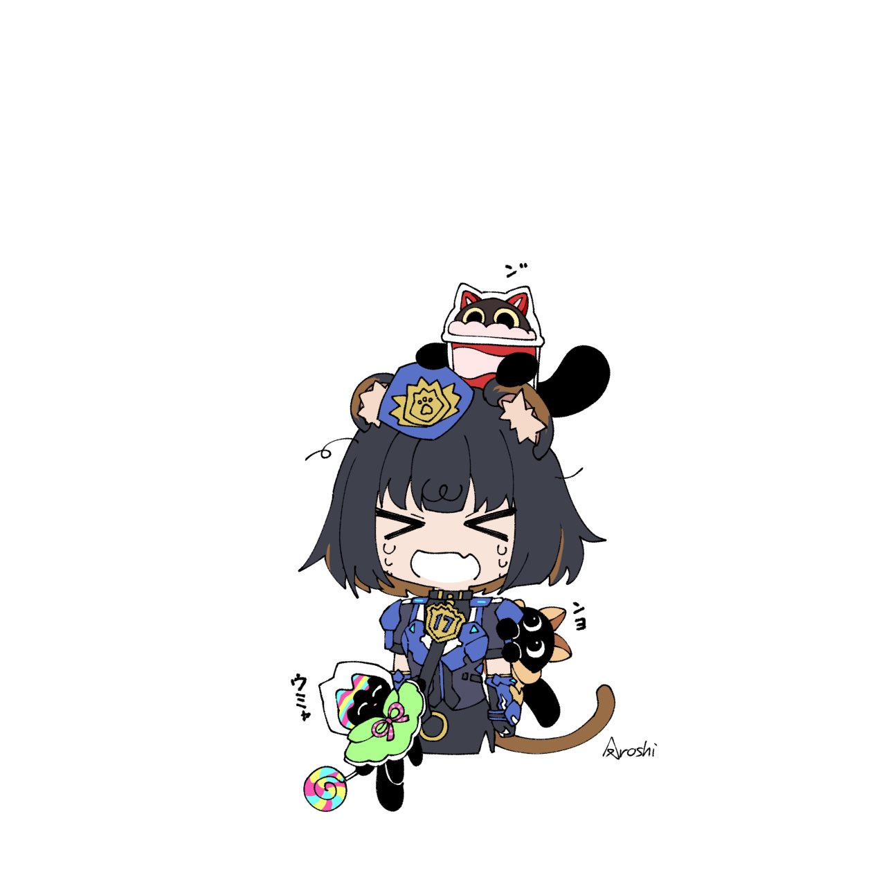 1girl animal_ears aroshi_ygo_0 artist_name black_hair blue_jacket brown_hair chibi colored_inner_hair cooky_yummy cupsie_yummy duel duel_monster hat highres jacket k9_-_#17_izuna kamaitachi_ears lollipo_yummy multicolored_hair police police_uniform policewoman short_hair two-tone_hair weasel_ears weasel_girl white_background yu-gi-oh!