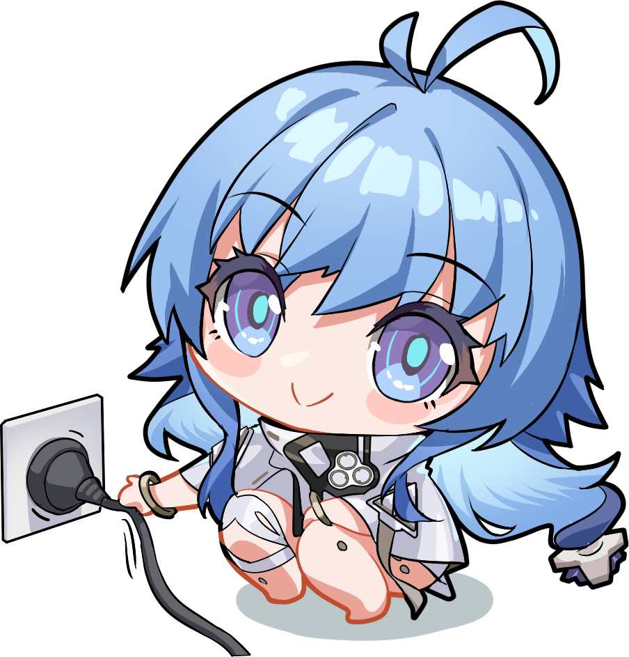 1girl ahoge artist_request blue_eyes blue_hair blush_stickers cable chibi chibi_only chinese_commentary electrical_outlet eniac_(neural_cloud) girls&#039;_frontline girls&#039;_frontline_neural_cloud long_hair looking_at_viewer official_art second-party_source shawl smile solo squatting twintails white_shawl