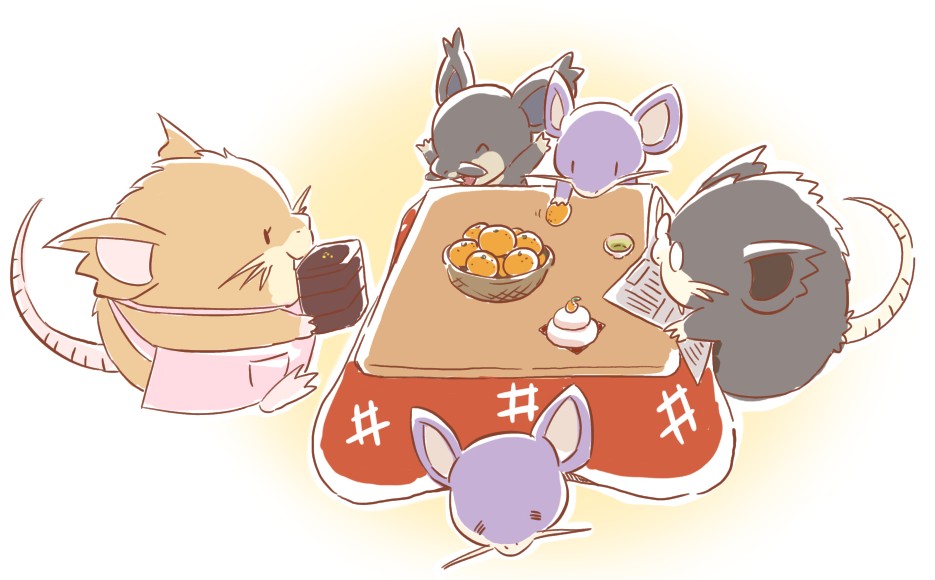 ^_^ alolan_form alolan_raticate alolan_rattata apron arms_up ayo_(ayosanri009) bespectacled black_eyes bowl closed_eyes commentary_request evolutionary_line family food fruit gen_1_pokemon gen_7_pokemon glasses happy holding holding_food holding_fruit holding_newspaper kotatsu lying newspaper nintendo on_stomach orange_(fruit) pink_apron pokemon pokemon_(creature) raticate rattata table waist_apron