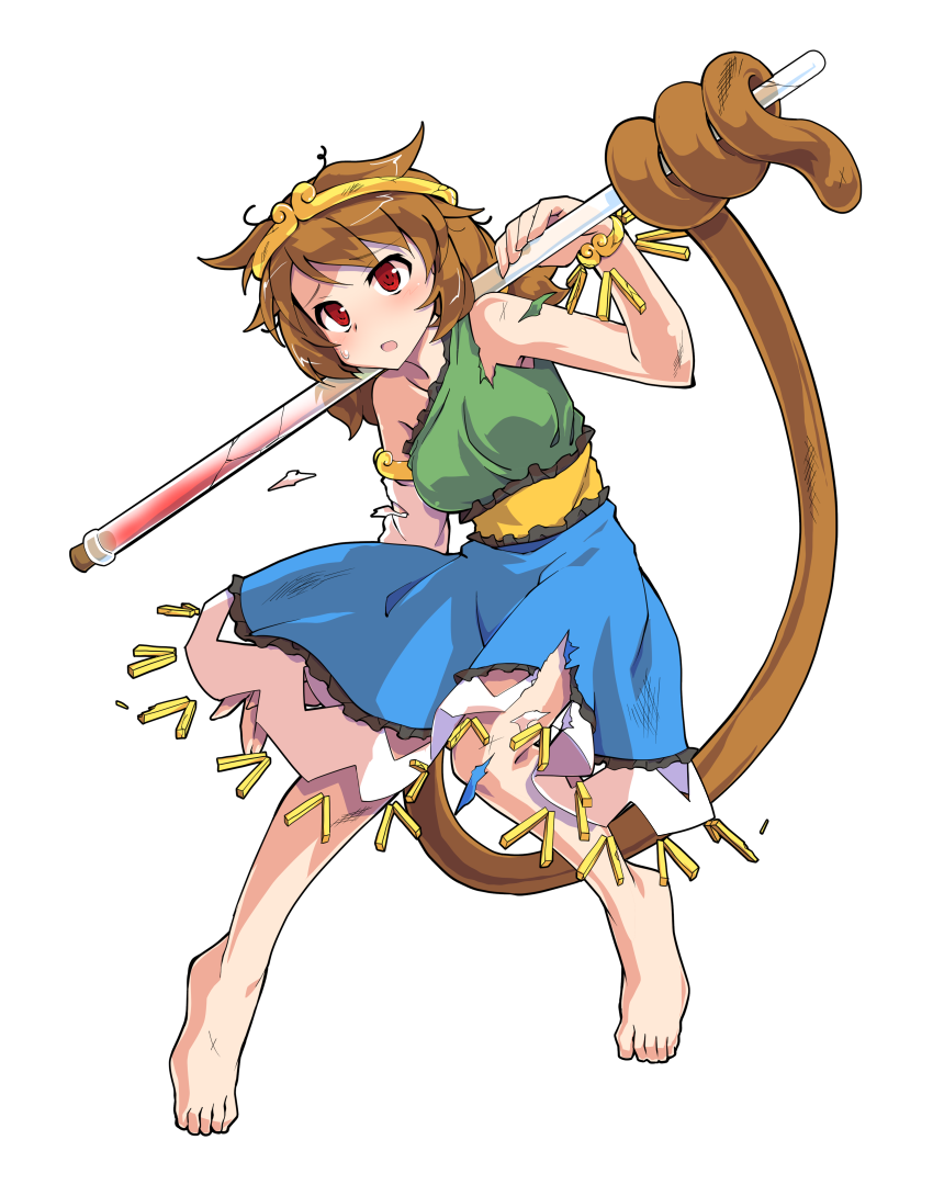 1girl alphes_(style) barefoot blue_dress blush breasts brown_hair circlet commentary_request dairi dress full_body green_dress large_variant_set long_hair low_twintails medium_breasts monkey_tail multicolored_dress open_mouth parody red_eyes solo son_biten style_parody sweatdrop tachi-e tail test_tube torn_clothes torn_dress touhou transparent_background twintails variant_set yellow_dress