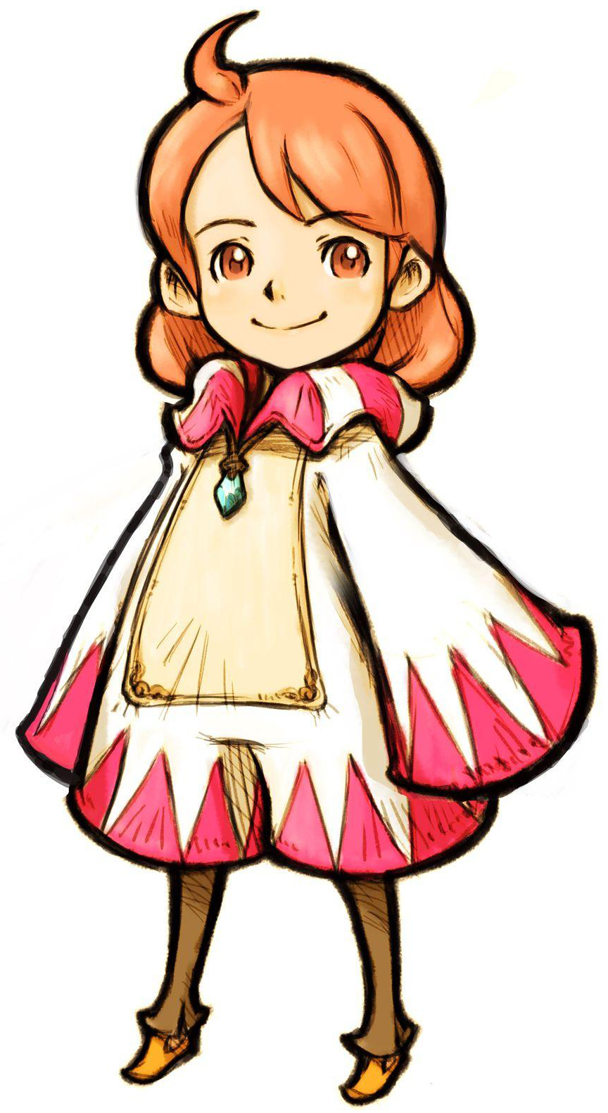 1girl ahoge blue_gemstone brown_leggings closed_mouth final_fantasy final_fantasy_fables gem happy highres hood hood_down jewelry leggings legs_apart medium_hair necklace official_art orange_eyes orange_hair overalls pendant pink_trim shirma shoes side_part simple_background smile solo split_mouth standing striped_collar striped_hood tachi-e third-party_source white_background white_overalls yellow_shoes