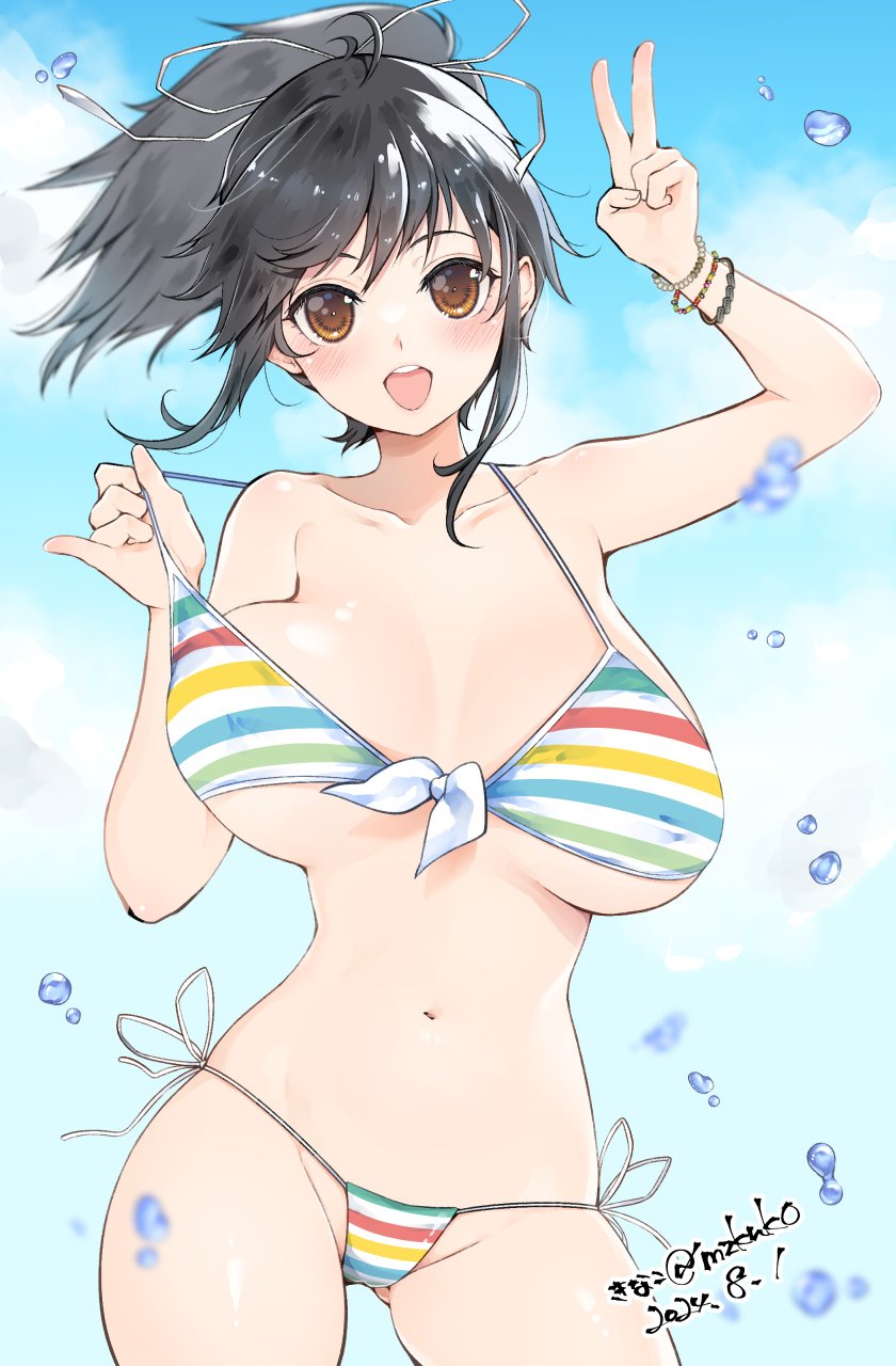 1girl asuka_(senran_kagura) bikini blush breasts brown_eyes brown_hair cleavage commentary covered_erect_nipples gluteal_fold hair_ribbon highres kinako_(mzknk0) large_breasts looking_at_viewer multicolored_bikini multicolored_stripes multiple_wristbands navel open_mouth ponytail rainbow_bikini ribbon senran_kagura short_ponytail skindentation smile solo string_bikini striped_bikini striped_clothes swimsuit teeth underboob upper_teeth_only v water_drop white_ribbon wristband