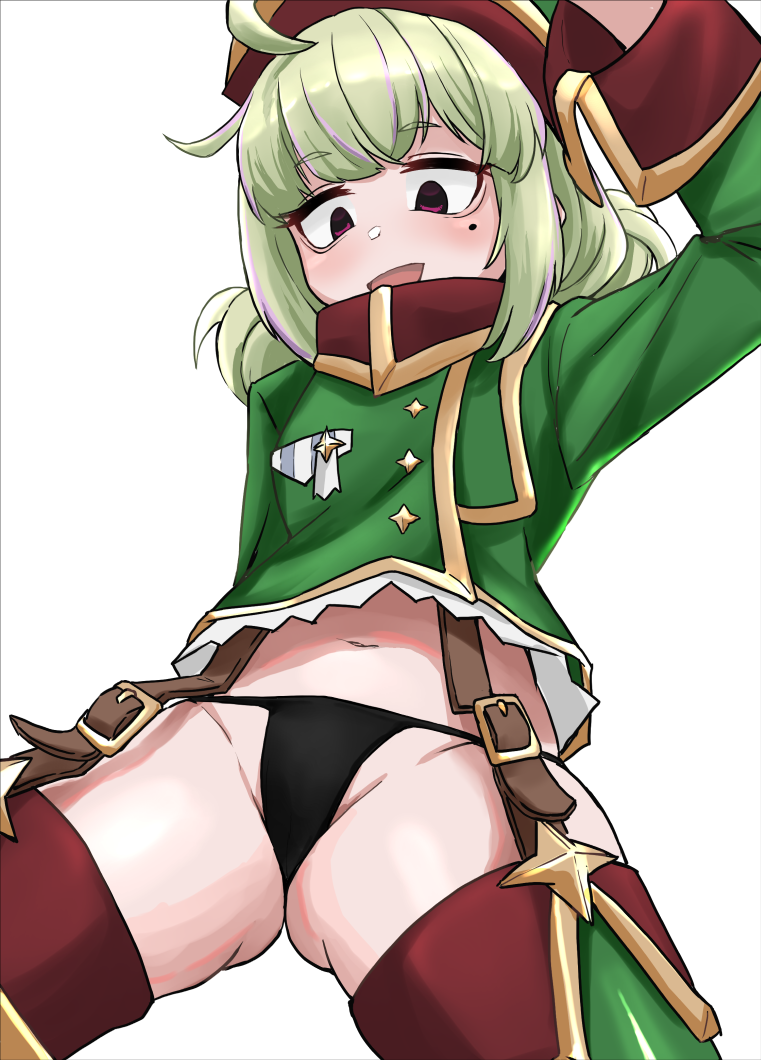 1girl araga_kiwi arm_at_side arm_up black_panties blazer blush boots brown_blazer brown_boots brown_hat cowboy_shot cropped_blazer eyebrows eyelashes female_focus from_below garter_straps green_blazer green_boots green_hair green_hat hat jacket legs_apart leoparde_(mahou_shoujo_ni_akogarete) long_hair looking_down low_twintails magical_girl mahou_shoujo_ni_akogarete military_uniform mole mole_under_eye multicolored_blazer multicolored_boots multicolored_hat navel niceratus_kiotensis no_pupils open_mouth panties petite red_eyes short_twintails simple_background smug solo standing thigh_boots thighs twintails underwear white_background yellow_blazer yellow_boots yellow_hat
