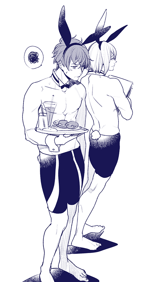 2boys barefoot rabbit_ears rabbit_tail detached_collar detached_sleeves drink food full_body high_speed! kirishima_natsuya male_focus male_swimwear megumi-square monochrome multiple_boys serizawa_nao topless_male short_hair swim_trunks tray