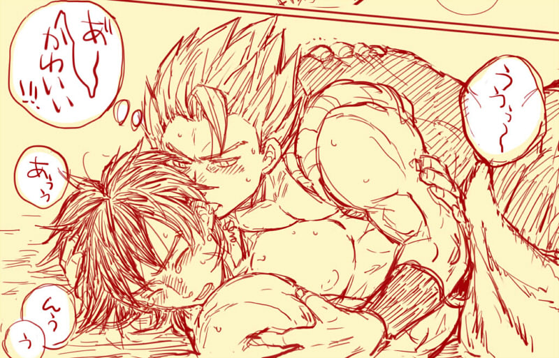 2boys abs bare_pectorals bare_shoulders between_legs blush broly_(dragon_ball_super) closed_eyes dragon_ball dragon_ball_super dragon_ball_super_broly embarrassed from_side fur_(clothing) gogeta greyscale hair_between_eyes hand_on_another&#039;s_arm hand_on_another&#039;s_back hand_on_another&#039;s_shoulder looking_at_another looking_away_from_partner loose_hair_strand lying male_focus medium_hair metamoran_vest monochrome multiple_boys muscular muscular_male nipples on_back pants parted_lips pectorals short_hair sleeveless speech_bubble spiked_hair sweat tearing_up teeth thought_bubble tongue tongue_out topless_male translation_request vest wristband yaoi
