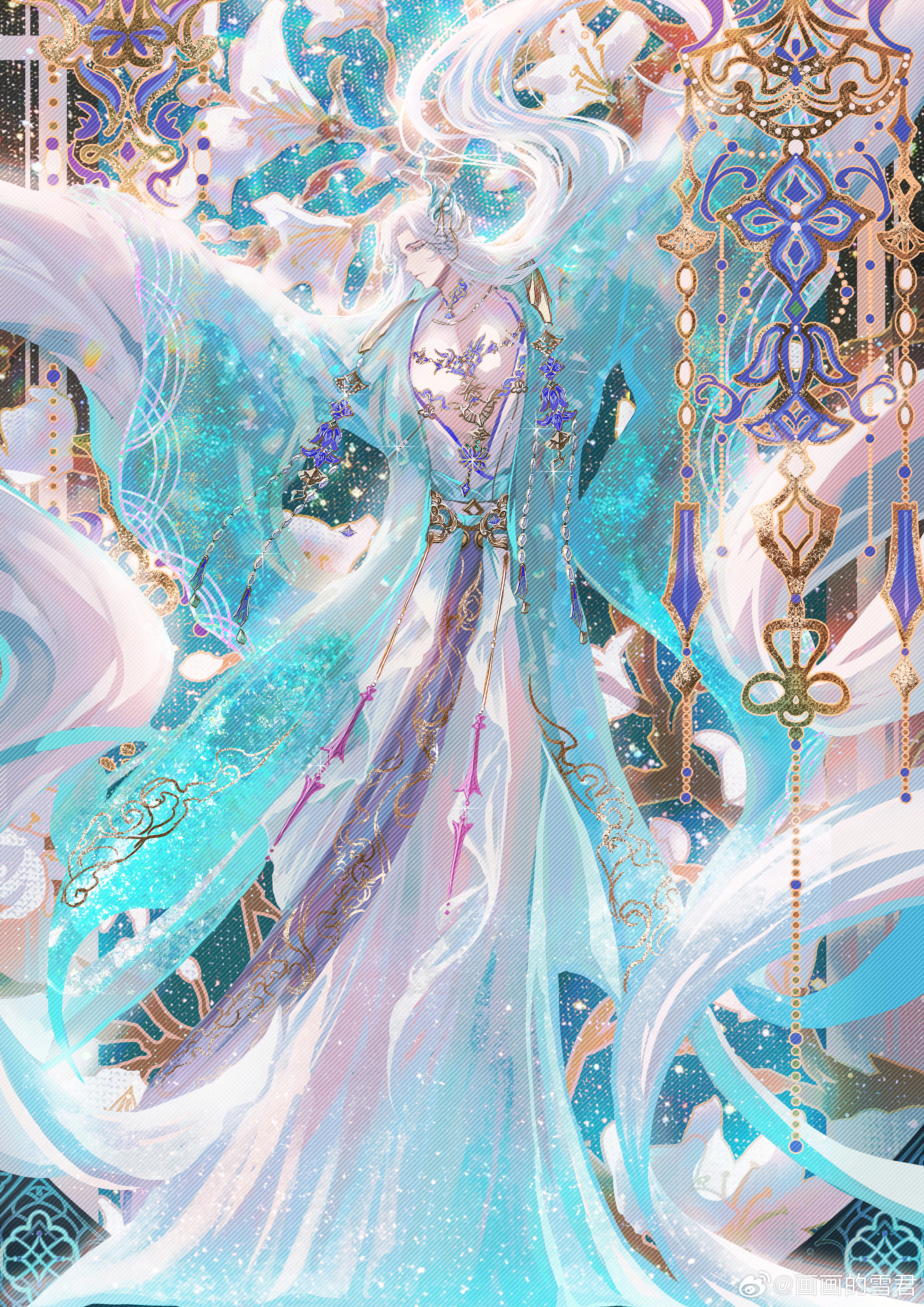 1boy absurdres aqua_background aqua_coat blue_gemstone branch chinese_clothes closed_eyes closed_mouth coat code:_kite colored_eyelashes curtained_hair dancing daxiushan facing_to_the_side floating_hair floral_background flower full_body gem gold_necklace hair_ornament hanfu highres jewelry light_particles long_hair long_sleeves male_focus mobile necklace open_clothes open_coat open_robe outstretched_arms parted_bangs pectoral_cleavage pectorals profile purple_sash robe sash sleeves_past_fingers sleeves_past_wrists snow234 solo spread_arms water_sleeves watermark weibo_watermark white_flower white_hair white_robe wide_sleeves zuo_ci_(code:_kite)