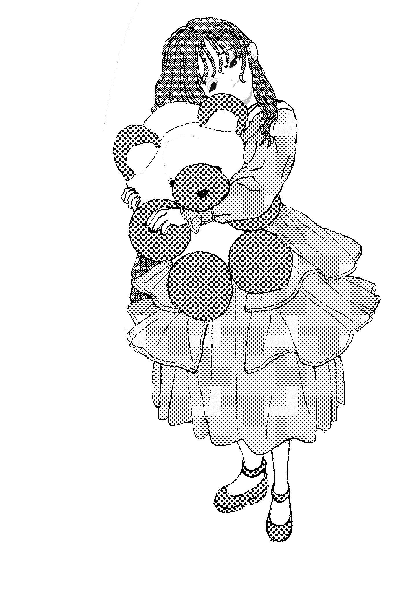 1girl closed_mouth dress full_body greyscale halftone head_tilt highres holding holding_stuffed_toy long_hair long_sleeves looking_at_viewer monochrome original screentones shoes simple_background skna_i solo standing stuffed_animal stuffed_toy teddy_bear white_background