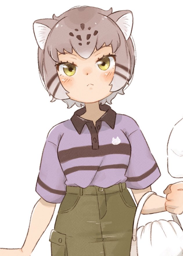 0nanaten 1girl :&lt; animal_ear_fluff animal_ears bag brown_skirt cat_ears cat_girl commentary grey_hair high-waist_skirt kemono_friends light_blush looking_at_viewer pallas&#039;s_cat_(kemono_friends) puffy_short_sleeves puffy_sleeves purple_shirt shirt short_hair short_sleeves simple_background skirt solo white_background wing_collar yellow_eyes