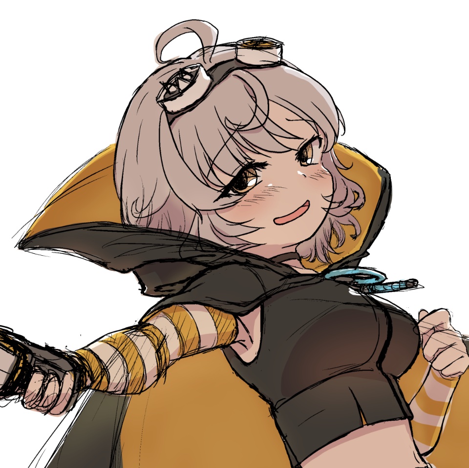 1girl ahoge armpits asymmetrical_eyewear black_choker black_shirt blush breasts choker cloak commentary_request detached_sleeves goggles goggles_on_head grey_hair holding holding_weapon long_sleeves looking_at_viewer magia_record:_mahou_shoujo_madoka_magica_gaiden magical_girl mahou_shoujo_madoka_magica medium_breasts midriff miwa_mitsune mystical_high_collar nervous_smile open_mouth orange_cloak orange_eyes orange_sleeves pierisjaponica_(mayoinomori) shirt short_hair simple_background sleeveless sleeveless_shirt smile solo spikes striped_sleeves swept_bangs two-sided_cloak two-sided_fabric two-tone_cloak upper_body weapon white_background wire