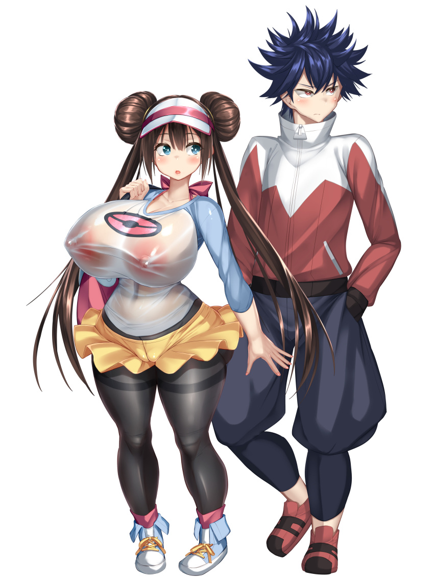 1boy 1girl bag black_pantyhose blue_eyes blue_hair blush breasts brown_hair cameltoe covered_erect_nipples creatures_(company) curvy double_bun full_body game_freak hair_bun handbag height_difference huge_breasts hugh_(pokemon) kawahagitei long_hair looking_at_another looking_away nintendo open_mouth pantyhose pantyhose_under_shorts pokemon pokemon_bw2 raglan_sleeves red_eyes rosa_(pokemon) see-through_clothes shoes short_shorts shorts simple_background sneakers spiked_hair standing thick_thighs thighs twintails very_long_hair visor_cap white_background wide_hips yellow_shorts