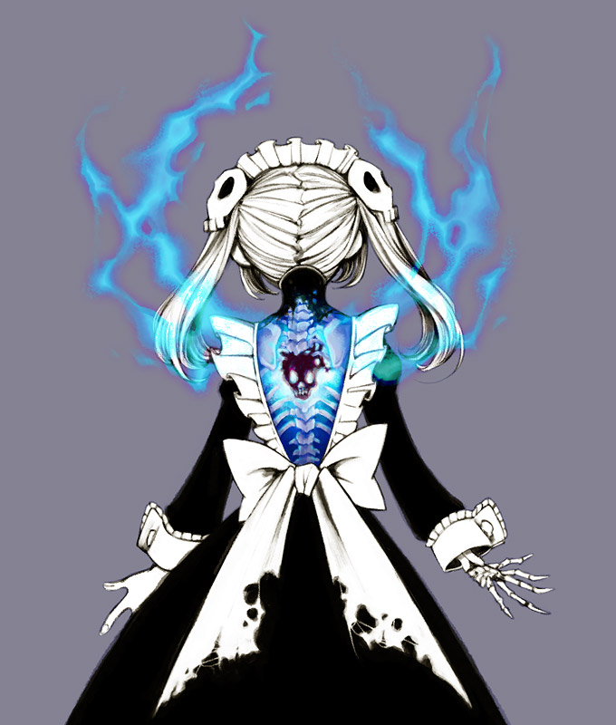 1girl apron atrium_(artist) bad_id bad_pixiv_id bloody_marie_(skullgirls) dress energy exposed_bone frilled_apron frills from_behind grey_hair hair_ornament juliet_sleeves long_sleeves maid_headdress puffy_sleeves purple_background skeletal_hand skeleton skull_hair_ornament skull_heart skullgirls solo spine torn_clothes twintails