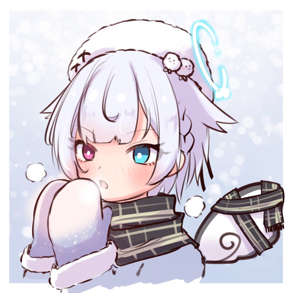 1girl alternate_costume amemiya_nazuna angel angel_wings beret blue_eyes border braid breath broken_halo coat detached_wings hair_bobbles hair_ornament halo hat heterochromia looking_at_viewer milk_tea_1993 mittens multiple_scarves red_eyes scarf short_hair side_braid sidelocks simple_background single_wing snowing virtual_youtuber vshojo warming_hands white_border white_hair white_headwear wings winter_clothes winter_coat
