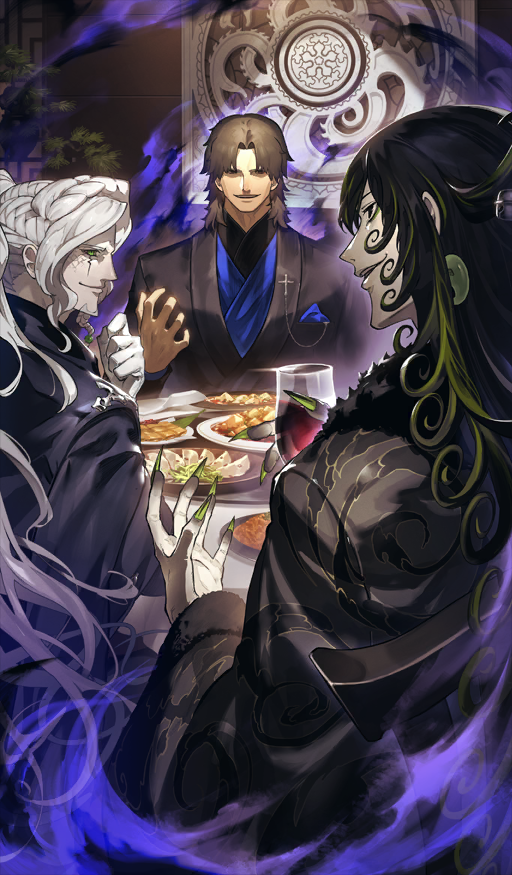 3boys alcohol alessandro_di_cagliostro_(fate) ashiya_douman_(fate) black_hair black_jacket black_kimono blue_kimono braid breast_pocket brown_hair closed_mouth cross cup curly_hair drinking_glass earrings facial_hair fate/grand_order fate_(series) fingernails food food_request fur-trimmed_kimono fur-trimmed_sleeves fur_trim goatee green_eyes green_hair green_nails hand_up holding holding_cup indoors jacket japanese_clothes jewelry kamonegi_(meisou1998) kimono kotomine_kirei long_fingernails long_hair long_sleeves magatama magatama_earrings male_focus medium_hair multicolored_hair multiple_boys official_art open_mouth parted_bangs plate pocket pocket_square profile rasputin_(fate) red_wine sharp_fingernails smile streaked_hair table tablecloth teeth tray upper_teeth_only very_long_fingernails white_hair wide_sleeves wine wine_glass