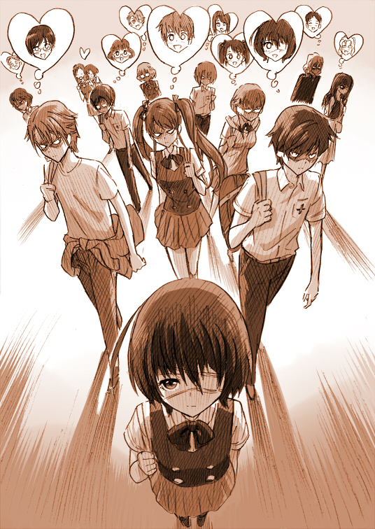 10s 6+boys 6+girls akazawa_izumi another bungo everyone eyepatch glasses hair_ribbon hetero kaneki_kyouko kazami_tomohiko long_hair matsui_aki medical_eyepatch mikami_(another) mikami_reiko_(another) misaki_mei mochizuki_yuuya monochrome multiple_boys multiple_girls ouji_makoto pantyhose ribbon sakakibara_kouichi sakuragi_yukari saruta_noboru school_uniform shaded_face short_hair speech_bubble spoken_character standing sugiura_takako tatsuji_chibiki teshigawara_naoya thought_bubble twintails walking yamashita_bungo yuri