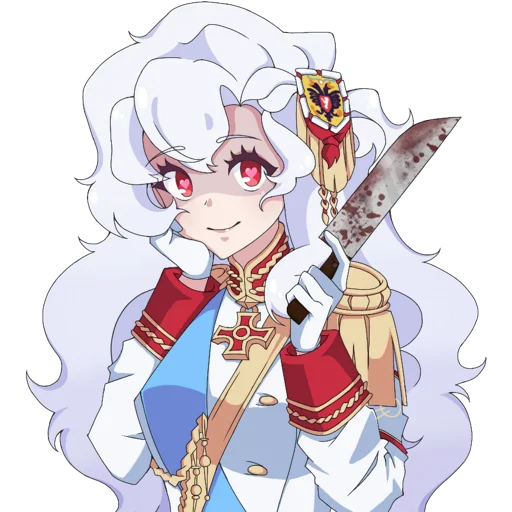 1girl aiguillette alpha_(alpha_1918) armband blood bloody_knife blue_sash buttons collar crazy cross cross_pendant epaulettes findoworld fluffy fluffy_hair gloves gold_buttons gold_trim hair_ornament hand_on_own_cheek hand_on_own_face heart heart-shaped_pupils holding holding_knife kitchen_knife knife lips long_hair looking_at_viewer military military_uniform original red_eyes red_sleeve_cuffs russian_empire sash sleeve_cuffs smile solo sputnik_and_pogrom sticker symbol-shaped_pupils transparent transparent_background very_long_hair white_gloves white_hair yandere