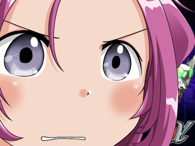 1girl banpresto blush clenched_teeth close-up elma female_focus furrowed_brow grey_eyes gununu_(meme) looking_at_viewer meme parted_lips pink_hair purple_eyes selena_recital short_hair solo super_robot_wars super_robot_wars_alpha tareme teeth the_3rd_super_robot_wars_alpha upper_body