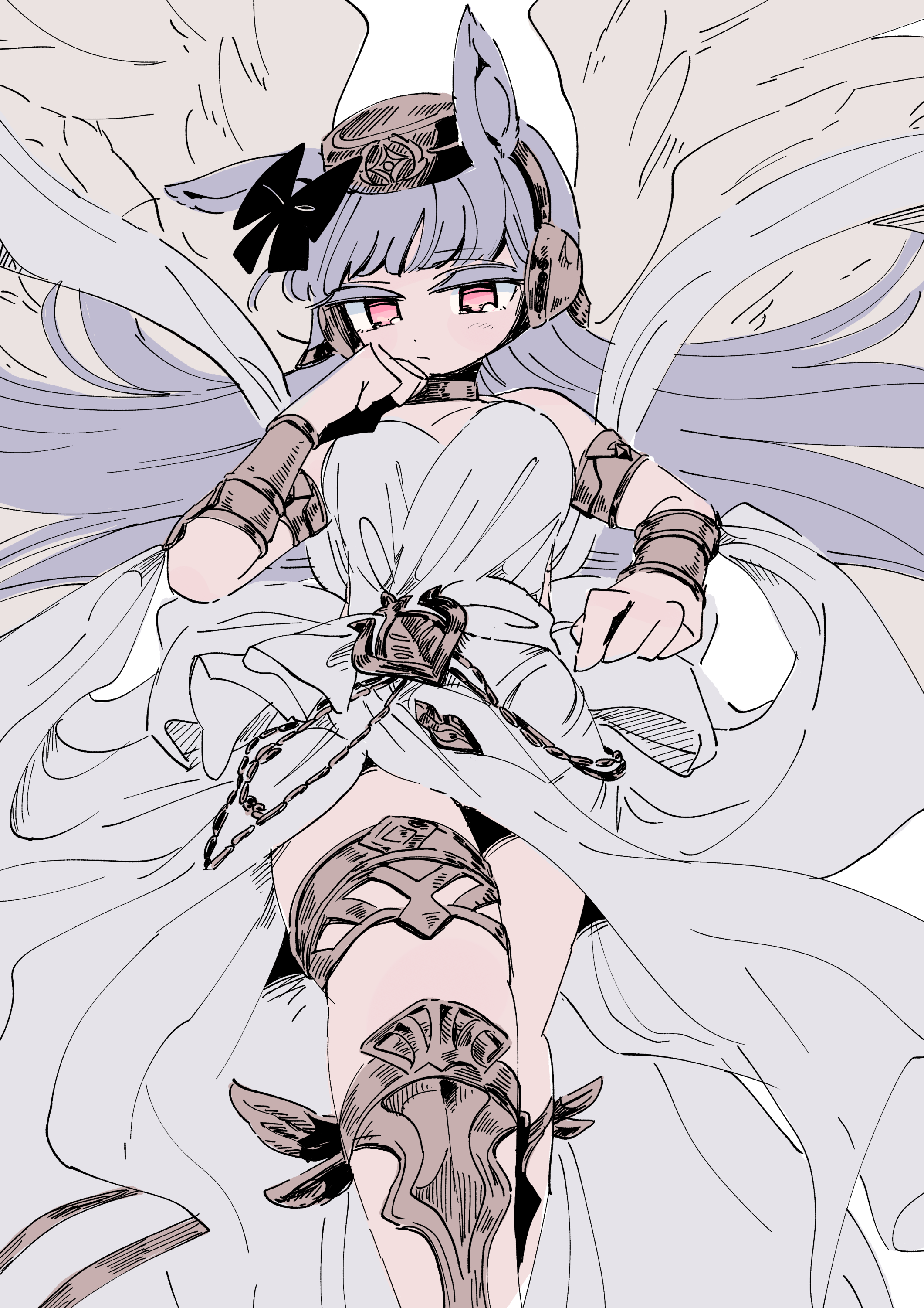 1girl absurdres ancient_greek_clothes animal_ears armlet bow bracer cosplay cowboy_shot ear_bow engawa_(engawagorigori) from_below gold_ship_(umamusume) granblue_fantasy greco-roman_clothes grey_hair headgear helel_ben_sahar_(granblue_fantasy) helel_ben_sahar_(granblue_fantasy)_(cosplay) highres himation horse_ears horse_girl jewelry long_hair looking_down lucio_(granblue_fantasy) official_alternate_costume peplos pillbox_hat pink_eyes shawl solo thighs umamusume