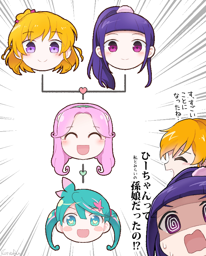 4girls @_@ aqua_eyes aqua_hair asahina_mirai blonde_hair blush butterfly-shaped_pupils closed_eyes closed_mouth flower green_hairband gyaheung hair_flower hair_ornament hairband hanami_kotoha hisui_(precure) izayoi_liko long_hair mahou_girls_precure! mahou_girls_precure!!_mirai_days medium_hair multicolored_hair multiple_girls open_mouth pink_eyes pink_hair ponytail precure purple_eyes purple_hair smile sweatdrop symbol-shaped_pupils twintails two-tone_hair