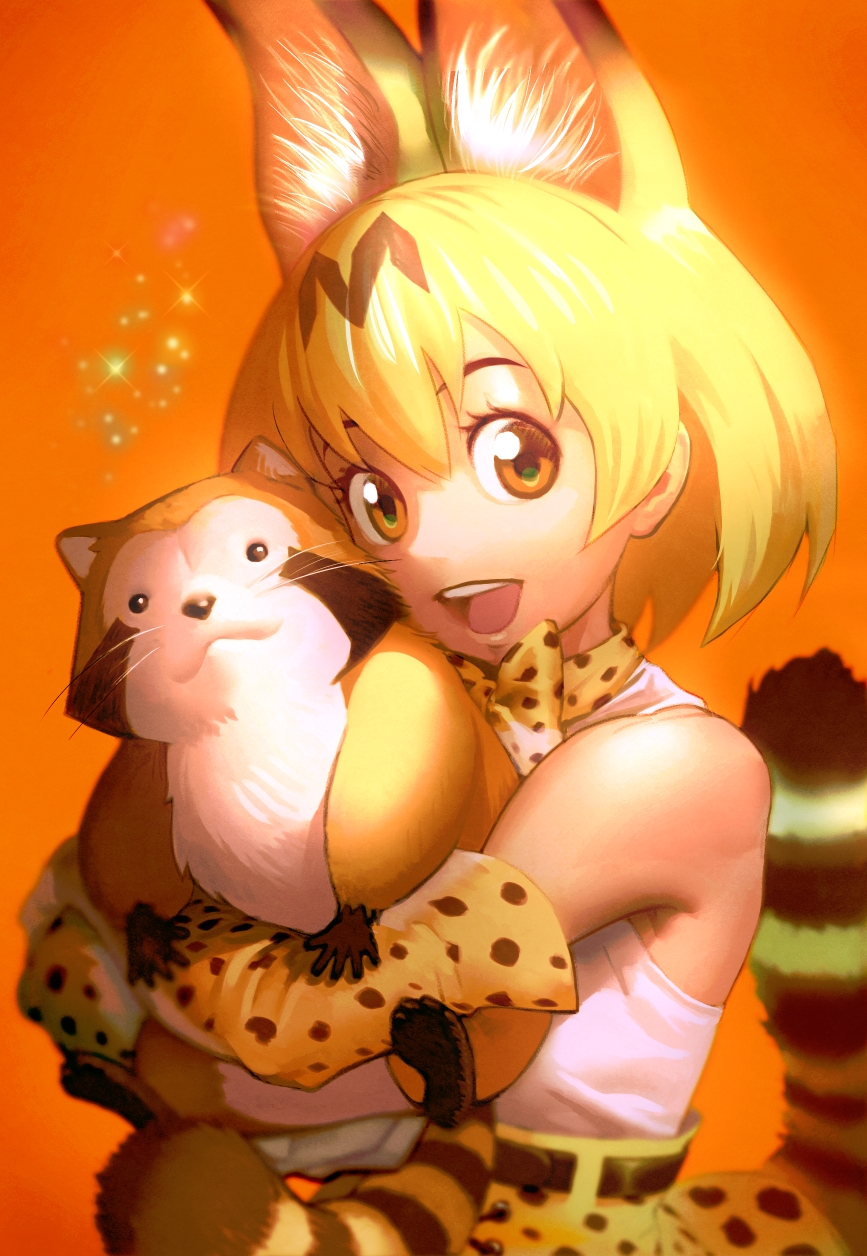 10s 1girl animal_ears animal_print araiguma_rascal bad_id bad_pixiv_id blonde_hair bow bowtie carrying crossover elbow_gloves extra_ears gloves high-waist_skirt highres hug kemono_friends looking_at_viewer open_mouth orange_eyes print_bow print_gloves print_neckwear print_skirt raccoon rascal_(araiguma_rascal) serval_(kemono_friends) serval_tail shirt short_hair skirt sleeveless sleeveless_shirt smile striped_tail tail two-tone_bow two-tone_bowtie ug_(ugg) upper_body white_shirt