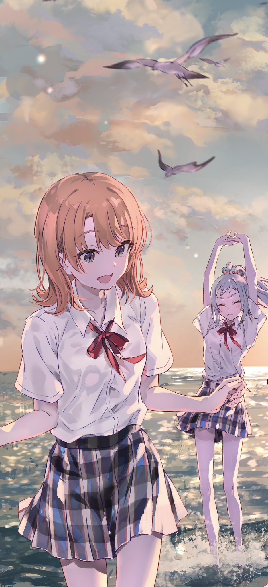 2girls arms_up bird blue_hair closed_eyes collared_shirt commentary highres isshiki_iroha kawasaki_saki long_hair medium_hair multiple_girls neck_ribbon ocean orange_hair outdoors plaid_clothes plaid_skirt ponkan_8 ponytail red_ribbon ribbon school_uniform shirt short_sleeves skirt sobu_high_school_uniform stretching wading white_shirt yahari_ore_no_seishun_lovecome_wa_machigatteiru.