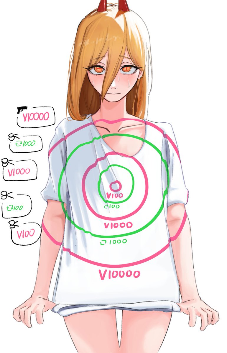 1girl blonde_hair chainsaw_man closed_mouth commentary_request cross-shaped_pupils demon_girl demon_horns hair_between_eyes highres horns like_and_retweet long_hair long_hair_between_eyes looking_at_viewer power_(chainsaw_man) red_horns shin_rin shirt simple_background solo sweat symbol-shaped_pupils target twitter_cutting_game twitter_strip_game white_background white_shirt