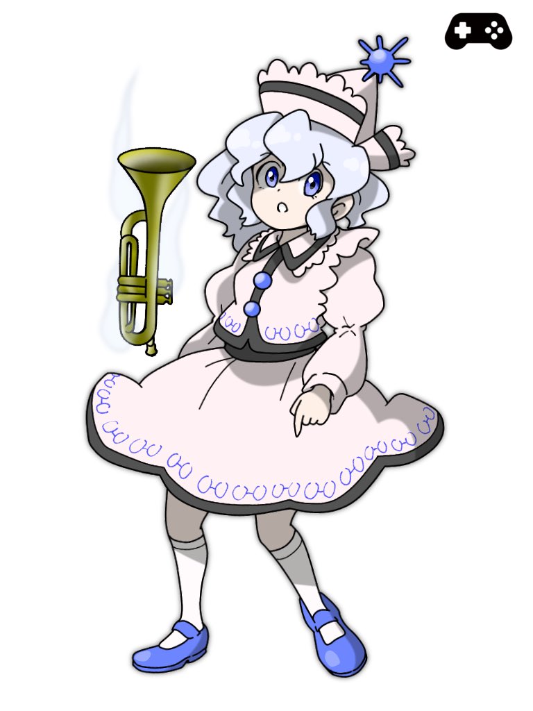 1girl blue_eyes blue_hair blue_shoes buttons collared_shirt commentary_request edwardmidori floating floating_object frilled_hat frills full_body hat instrument juliet_sleeves kneehighs long_sleeves mary_janes merlin_prismriver parted_lips phantasmagoria_of_flower_view pink_hat pink_skirt pink_vest puffy_sleeves shirt shoes skirt socks solo standing sugimori_ken_(style) sun_hat_ornament touhou trumpet vest white_shirt white_socks