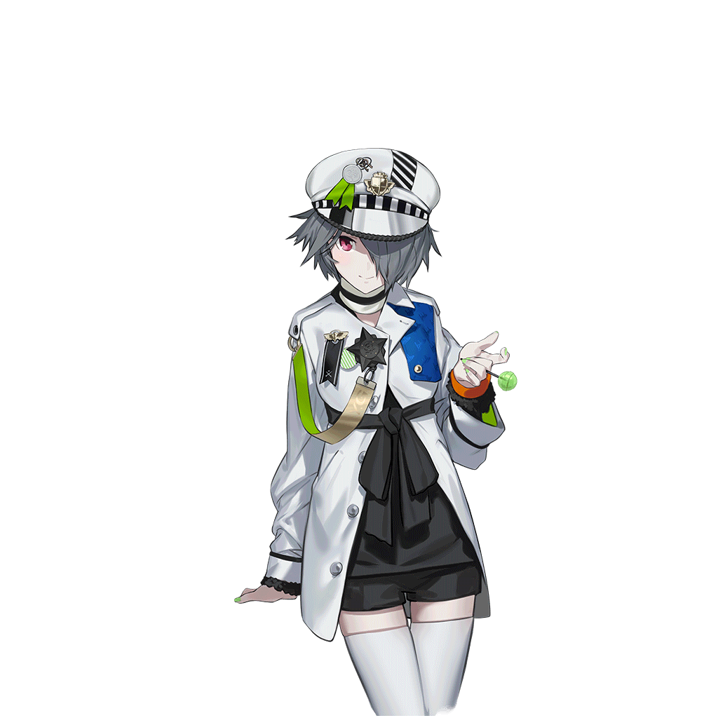 10s 1girl bow candy female_focus food green_nails grey_hair hair_over_one_eye hat isabella_(love_live!) jacket lollipop long_sleeves looking_at_viewer love_live! love_live!_school_idol_festival military_hat nail_polish official_art oguchi peaked_cap pink_eyes short_hair shorts simple_background smile solo standing thighhighs transparent_background white_background white_thighhighs